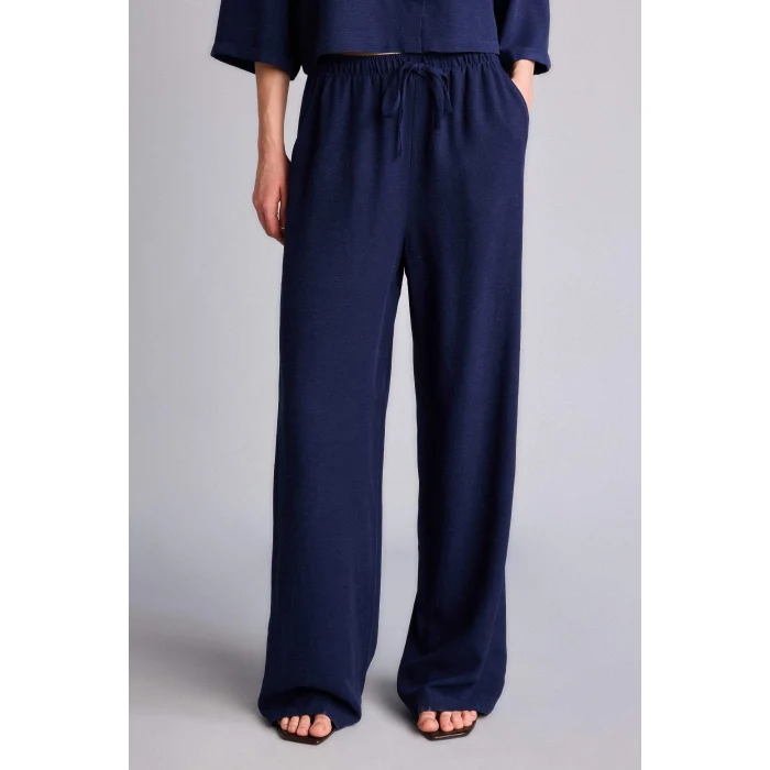 Defacto F5024AXNV31 Lacivert Wıde Leg Cepli Yüksek Bel Standart Boy Keten Karışımlı Pantolon