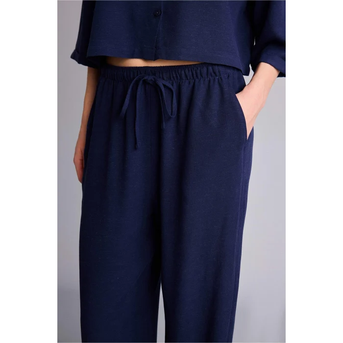 Defacto F5024AXNV31 Lacivert Wıde Leg Cepli Yüksek Bel Standart Boy Keten Karışımlı Pantolon