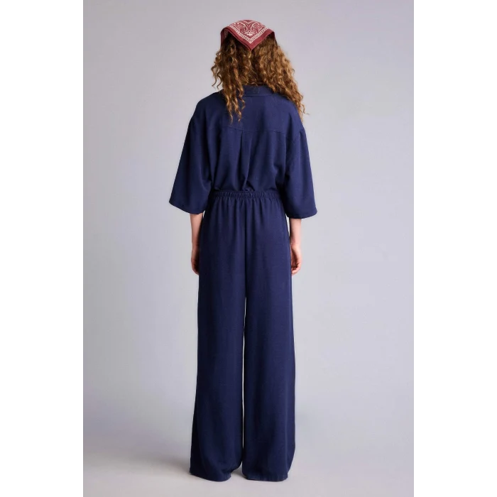 Defacto F5024AXNV31 Lacivert Wıde Leg Cepli Yüksek Bel Standart Boy Keten Karışımlı Pantolon