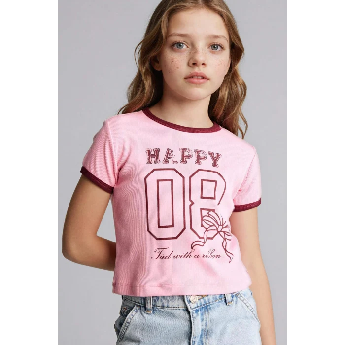 Defacto D8542A8PN253 Pembe Baskılı Fitilli Kaşkorse Tişört Kız Çocuk