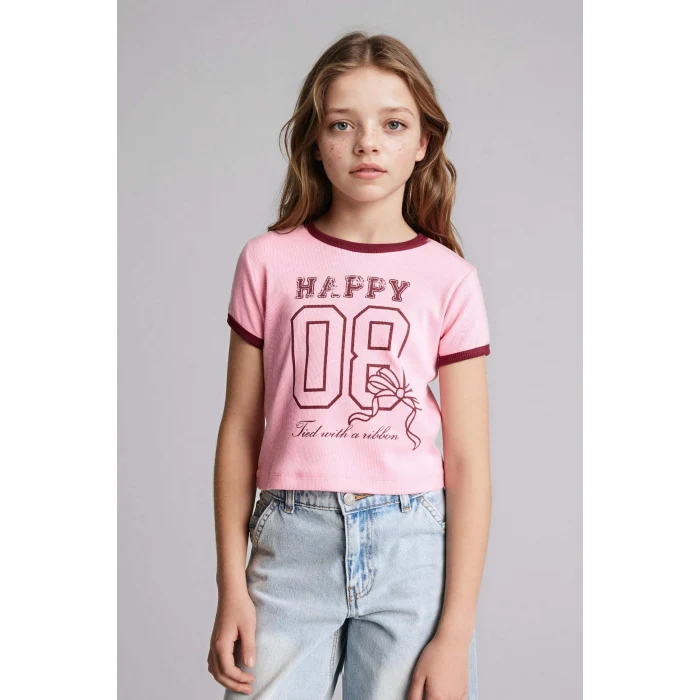 Defacto D8542A8PN253 Pembe Baskılı Fitilli Kaşkorse Tişört Kız Çocuk