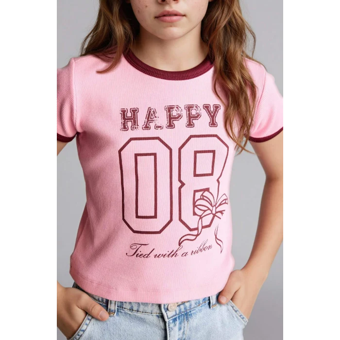 Defacto D8542A8PN253 Pembe Baskılı Fitilli Kaşkorse Tişört Kız Çocuk