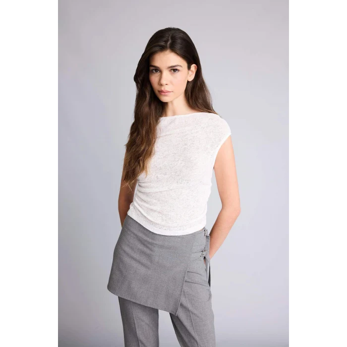 Defacto H0230AXWT32 Beyaz Fıtted Kayık Yaka Fitilli Kaşkorse Tişört