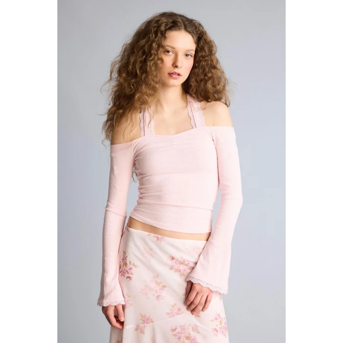 Defacto G9831AXPN74 Pembe Fıtted Halter Yaka Fitilli Kaşkorse Uzun Kollu Tişört