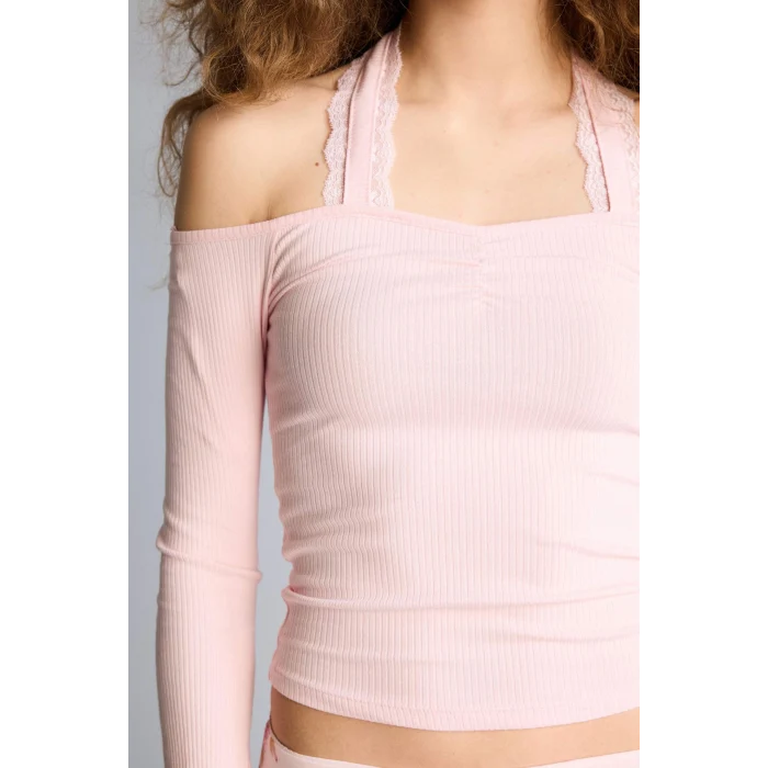 Defacto G9831AXPN74 Pembe Fıtted Halter Yaka Fitilli Kaşkorse Uzun Kollu Tişört