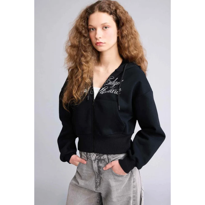 Defacto H0168AXBK81 Siyah Kapüşonlu Baskılı Fermuarlı Sweatshirt