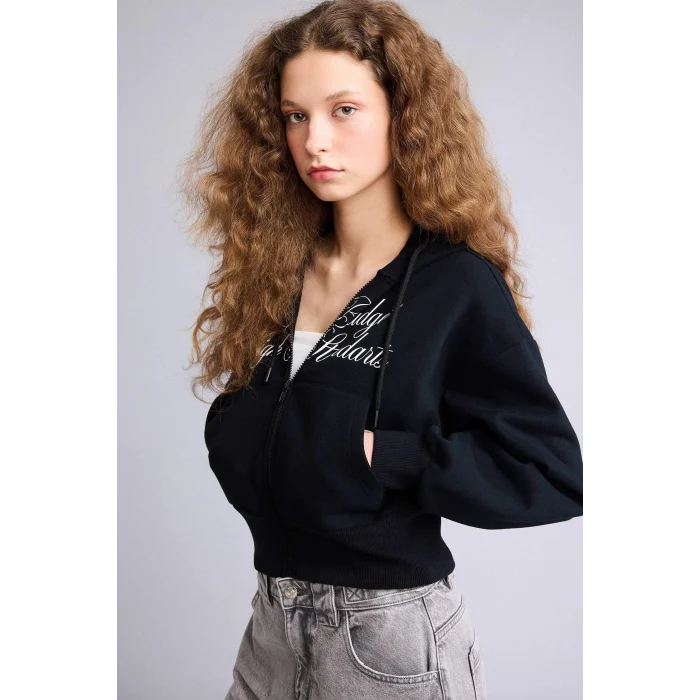 Defacto H0168AXBK81 Siyah Kapüşonlu Baskılı Fermuarlı Sweatshirt