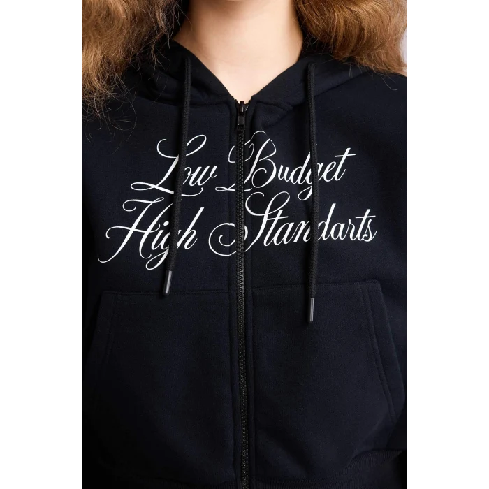 Defacto H0168AXBK81 Siyah Kapüşonlu Baskılı Fermuarlı Sweatshirt