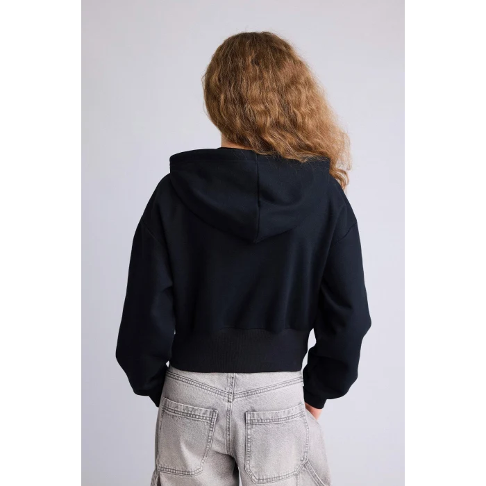 Defacto H0168AXBK81 Siyah Kapüşonlu Baskılı Fermuarlı Sweatshirt