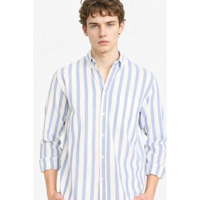 Defacto D6114AXIN131 İndigo %100 Pamuk Çizgili Gömlek
