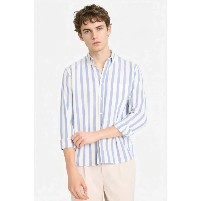 Defacto D6114AXIN131 İndigo %100 Pamuk Çizgili Gömlek