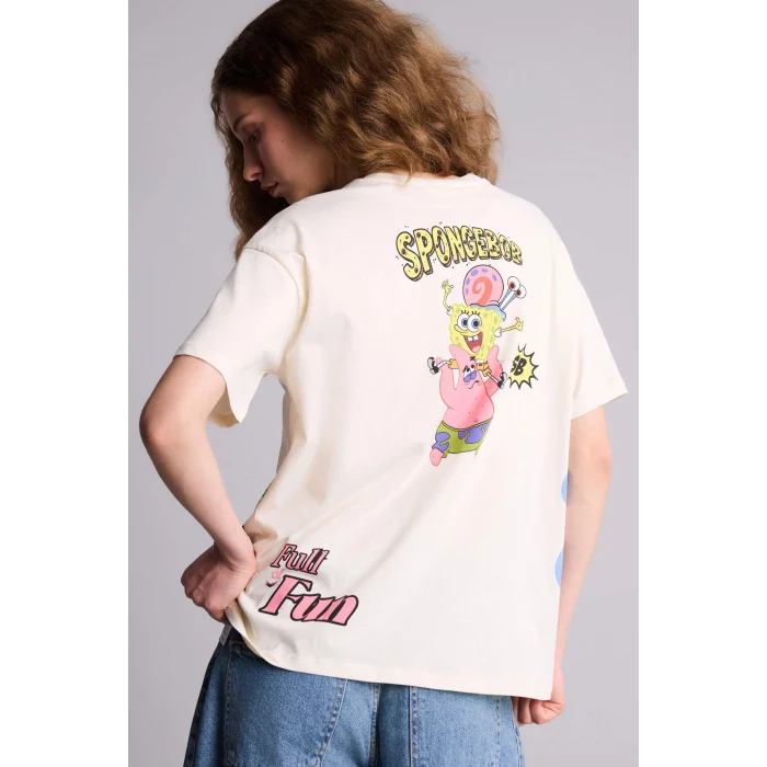 Defacto H0259AXER103 Ekru SpongeBob Oversıze Sırt Baskılı Tişört