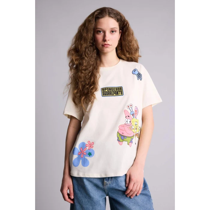 Defacto H0259AXER103 Ekru SpongeBob Oversıze Sırt Baskılı Tişört
