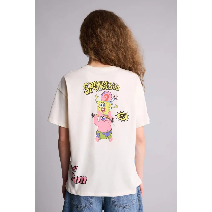 Defacto H0259AXER103 Ekru SpongeBob Oversıze Sırt Baskılı Tişört