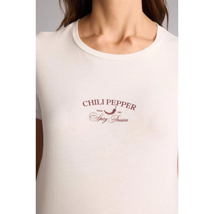 Defacto H1382AXER105 Ekru Regular Fıt Baskılı Penye Tişört