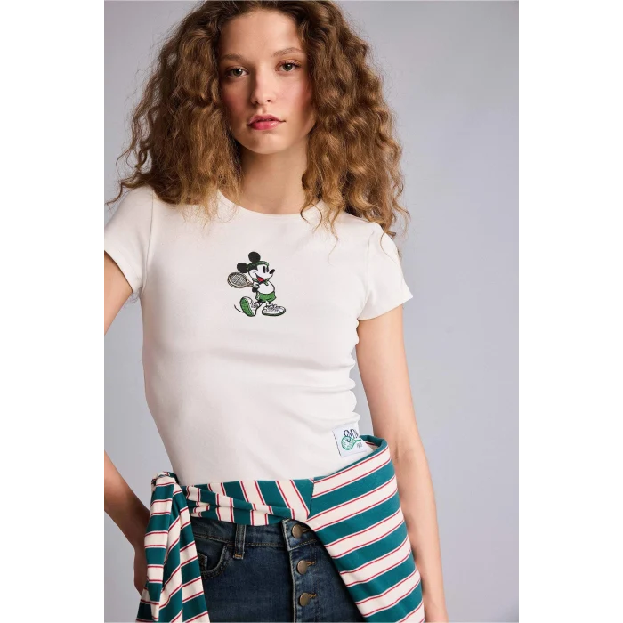 Defacto G9575AXWT32 Beyaz Dısney Mıckey & Mınnıe Fıtted Nakışlı Tişört