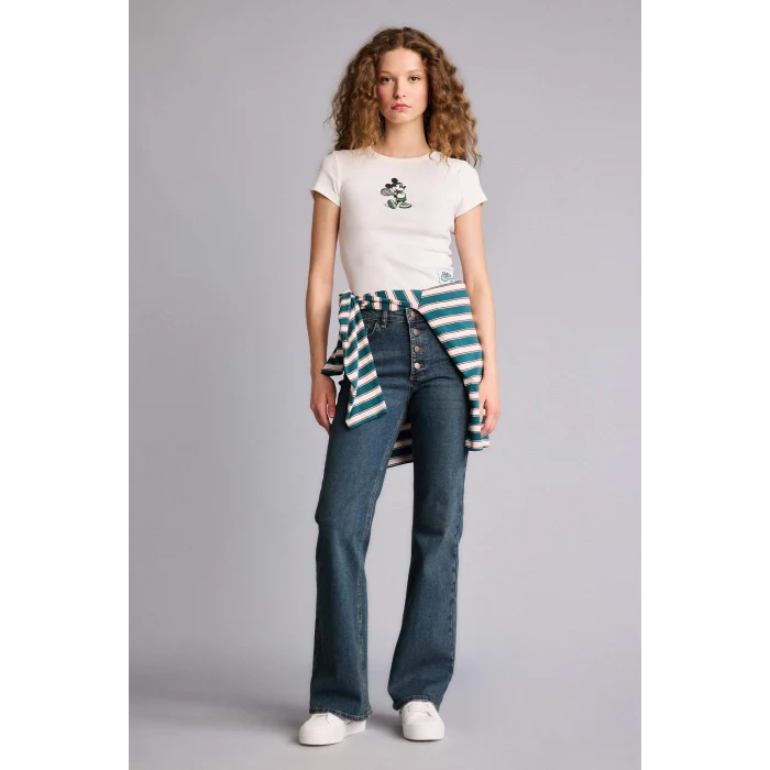 Defacto G9575AXWT32 Beyaz Dısney Mıckey & Mınnıe Fıtted Nakışlı Tişört