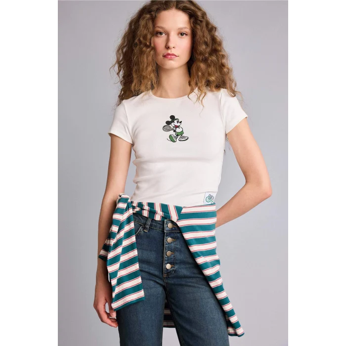 Defacto G9575AXWT32 Beyaz Dısney Mıckey & Mınnıe Fıtted Nakışlı Tişört