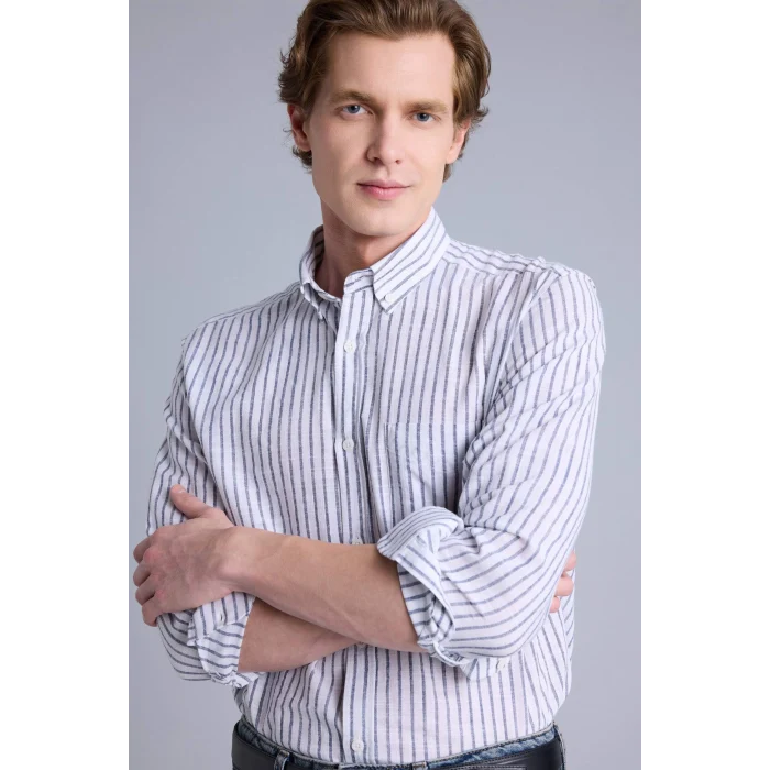 Defacto H3618AXNV64 Lacivert Regular Fıt Polo Yaka Uzun Kollu Gömlek