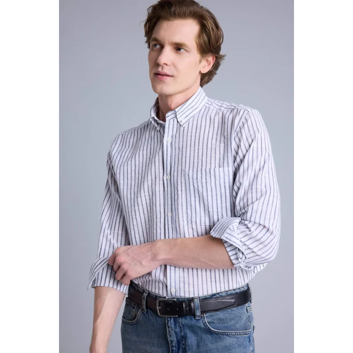 Defacto H3618AXNV64 Lacivert Regular Fıt Polo Yaka Uzun Kollu Gömlek