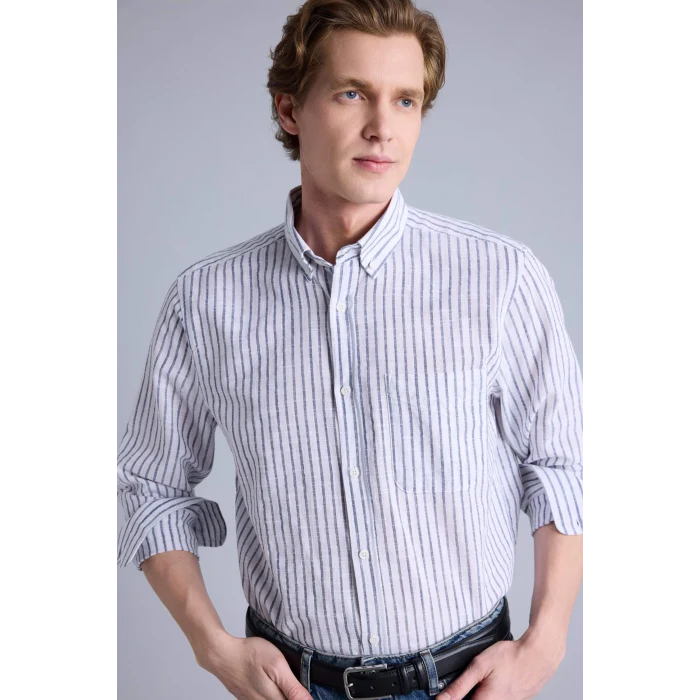 Defacto H3618AXNV64 Lacivert Regular Fıt Polo Yaka Uzun Kollu Gömlek