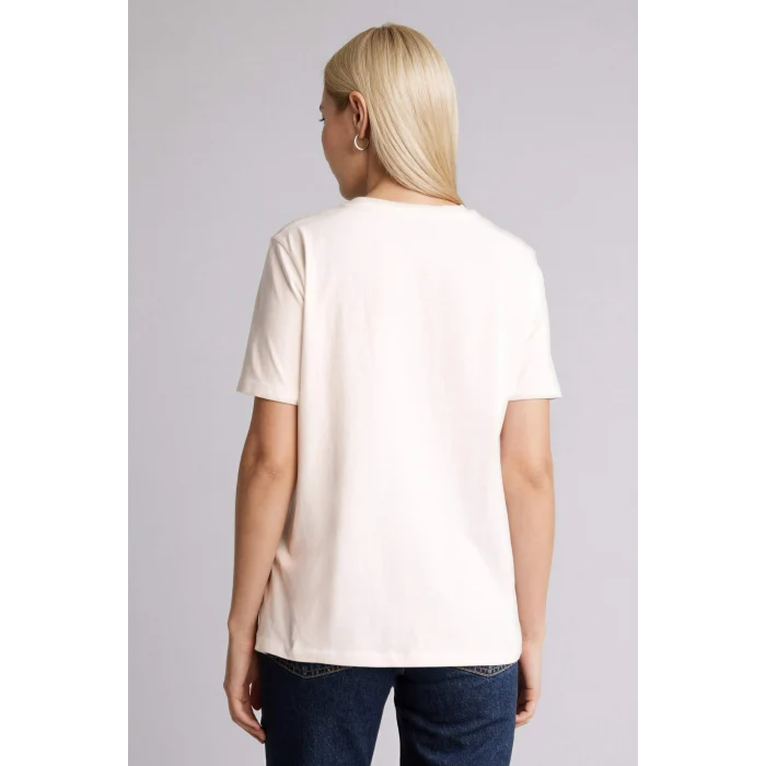 Defacto G2878AXER105 Ekru Regular Fıt Bisiklet Yaka Nakış Baskı Çiçekli Penye Kısa Kollu Tişört