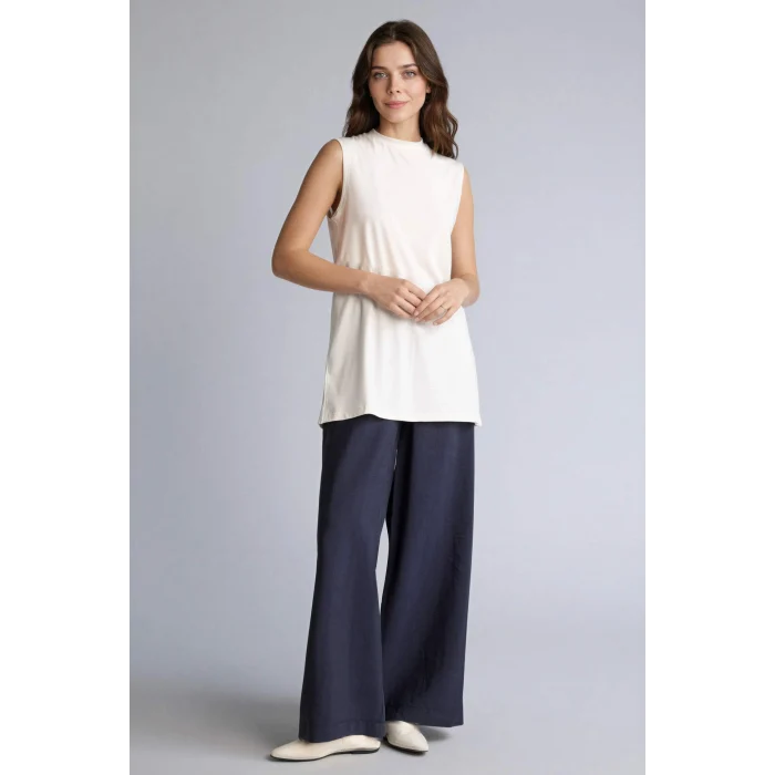 Defacto F9753AXER105 Ekru Basıc Kolsuz Tunik