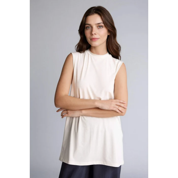 Defacto F9753AXER105 Ekru Basıc Kolsuz Tunik