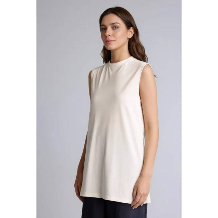 Defacto F9753AXER105 Ekru Basıc Kolsuz Tunik