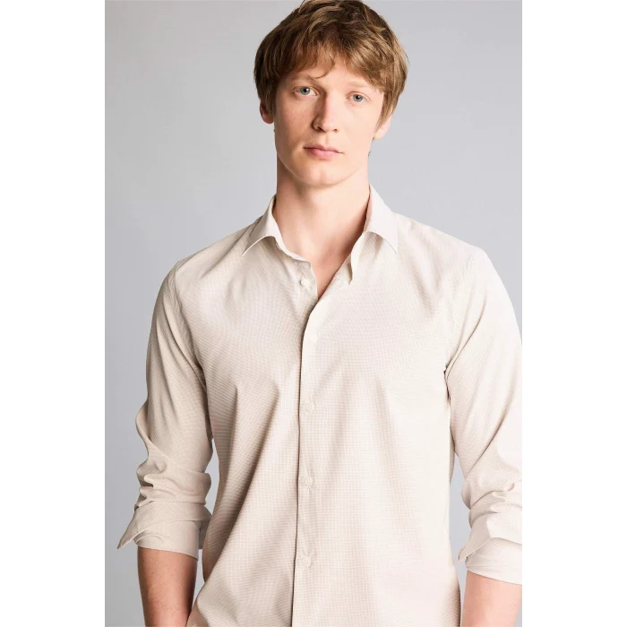 Defacto H3038AXBG766 Bej Slım Fıt Gömlek Yaka Baskılı Uzun Kollu Gömlek
