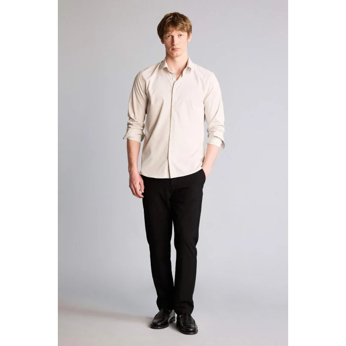 Defacto H3038AXBG766 Bej Slım Fıt Gömlek Yaka Baskılı Uzun Kollu Gömlek