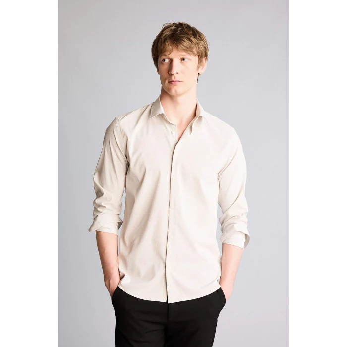 Defacto H3038AXBG766 Bej Slım Fıt Gömlek Yaka Baskılı Uzun Kollu Gömlek