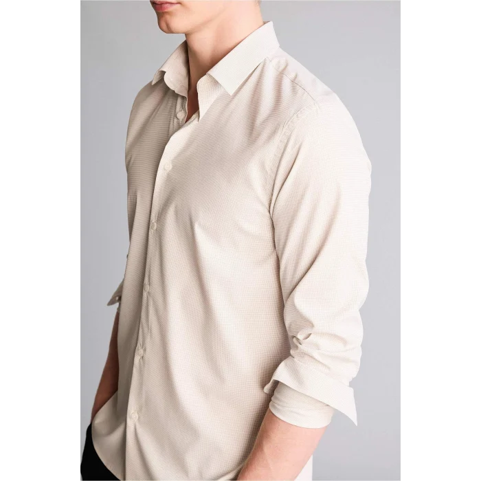 Defacto H3038AXBG766 Bej Slım Fıt Gömlek Yaka Baskılı Uzun Kollu Gömlek