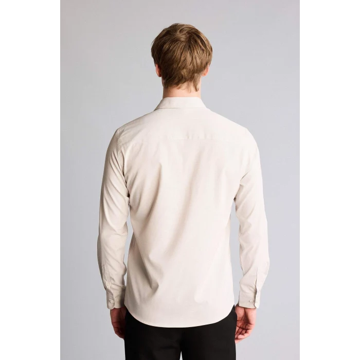 Defacto H3038AXBG766 Bej Slım Fıt Gömlek Yaka Baskılı Uzun Kollu Gömlek