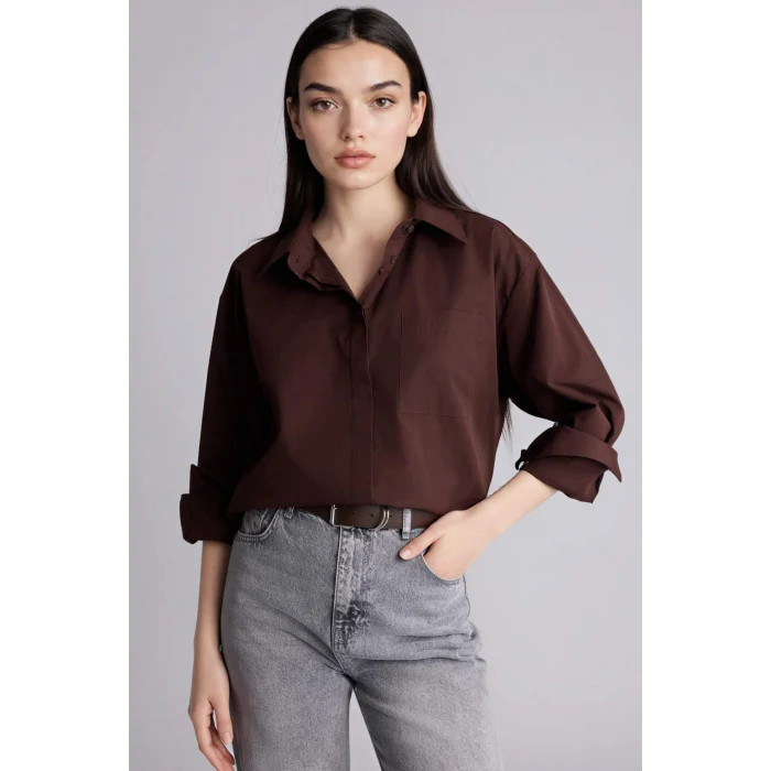 Defacto G9803AXBN267 Kahve Oversıze Gömlek Yaka Poplin Uzun Kollu Gömlek