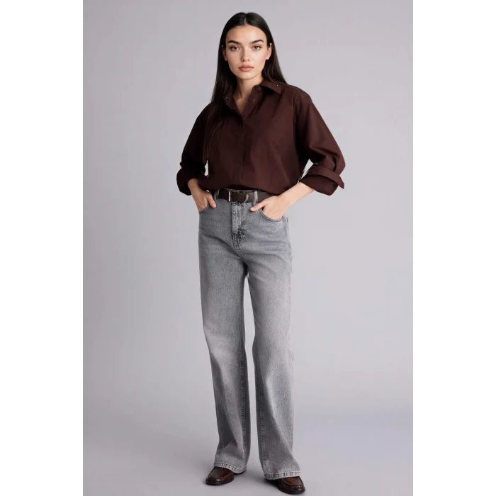 Defacto G9803AXBN267 Kahve Oversıze Gömlek Yaka Poplin Uzun Kollu Gömlek