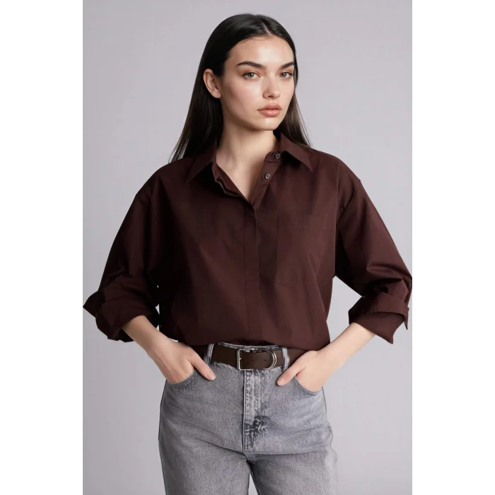 Defacto G9803AXBN267 Kahve Oversıze Gömlek Yaka Poplin Uzun Kollu Gömlek