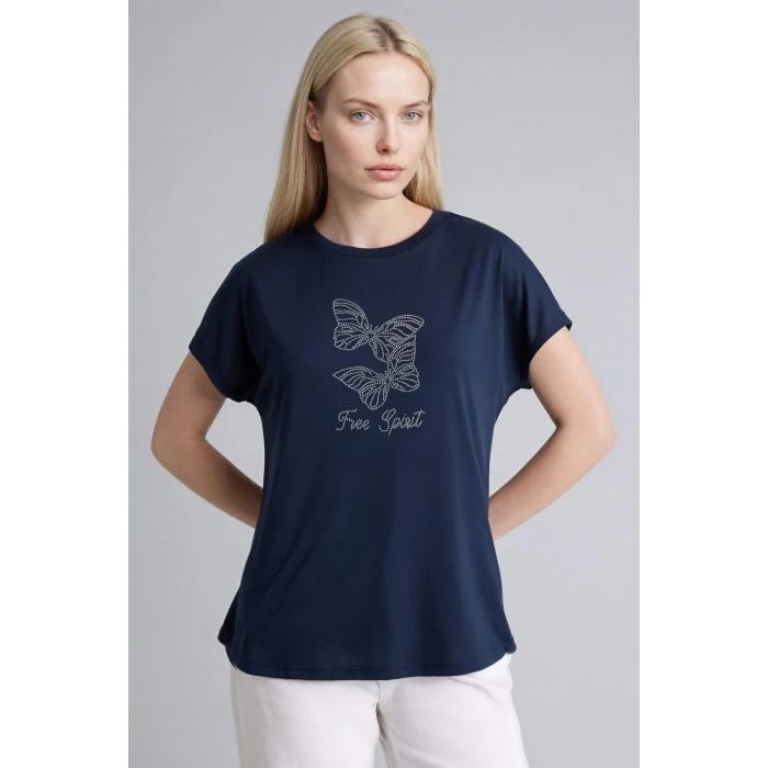 Defacto G9269AXNV253 Lacivert Bisiklet Yaka Taş Baskılı Kısa Kollu Tişört