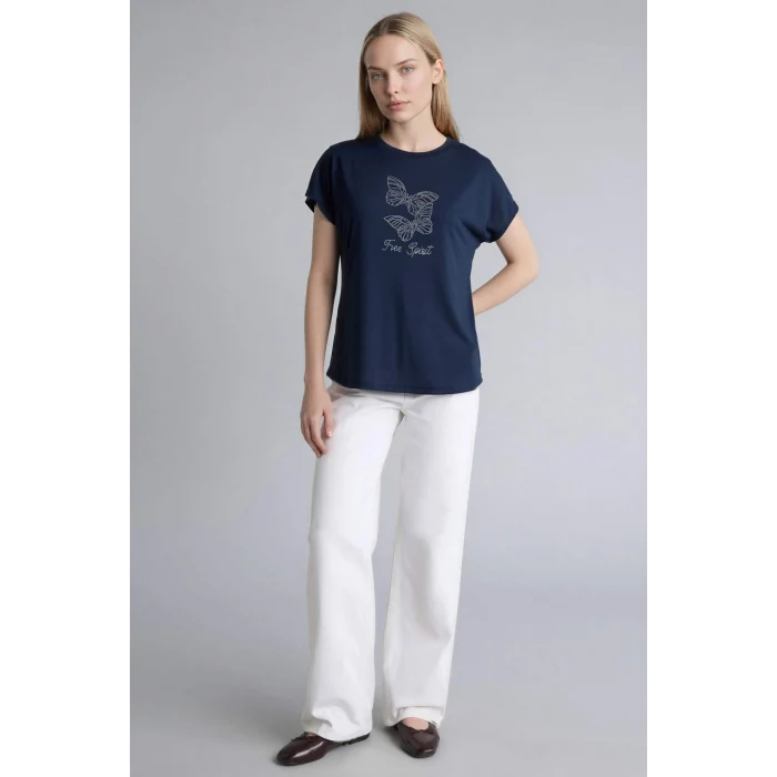 Defacto G9269AXNV253 Lacivert Bisiklet Yaka Taş Baskılı Kısa Kollu Tişört