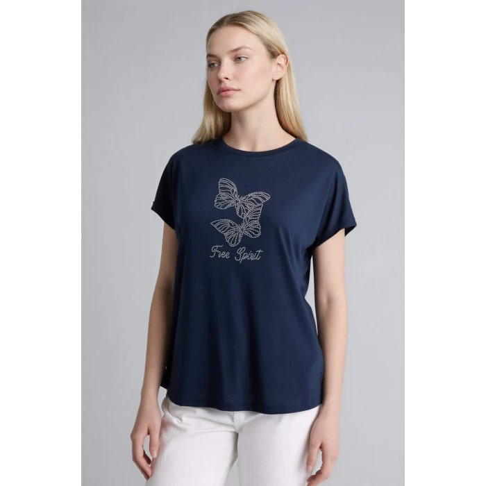 Defacto G9269AXNV253 Lacivert Bisiklet Yaka Taş Baskılı Kısa Kollu Tişört