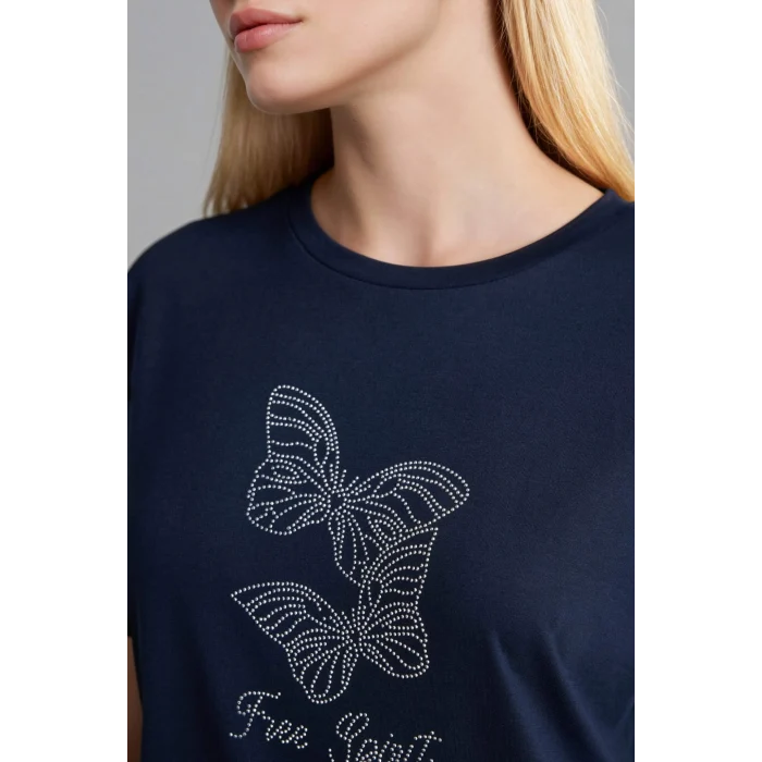 Defacto G9269AXNV253 Lacivert Bisiklet Yaka Taş Baskılı Kısa Kollu Tişört