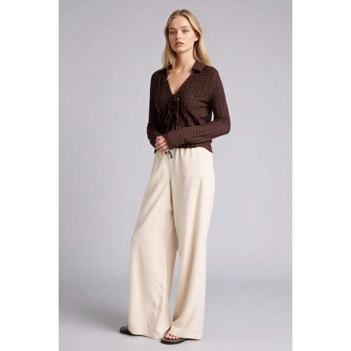 Defacto E1981AXBG286 Bej Wıde Leg Beli Lastikli Keten Karışımlı Pantolon