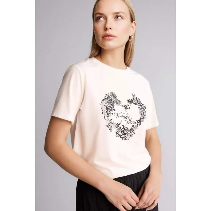 Defacto H1435AXER105 Ekru Regular Fıt Bisiklet Yaka Çiçekli Kısa Kollu Tişört