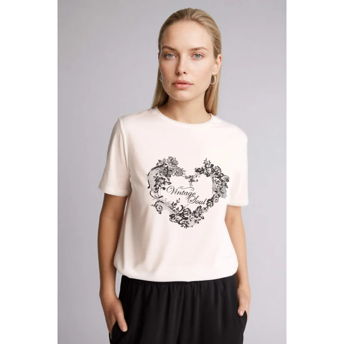 Defacto H1435AXER105 Ekru Regular Fıt Bisiklet Yaka Çiçekli Kısa Kollu Tişört