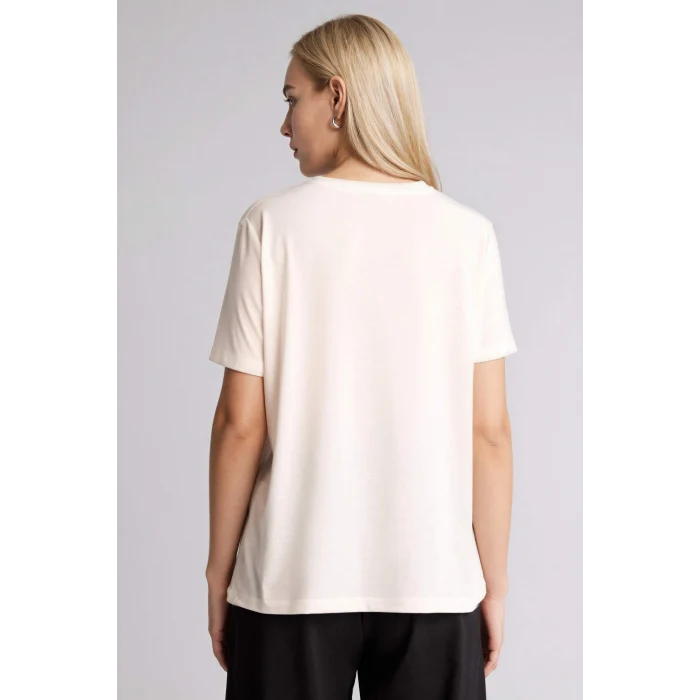 Defacto H1435AXER105 Ekru Regular Fıt Bisiklet Yaka Çiçekli Kısa Kollu Tişört