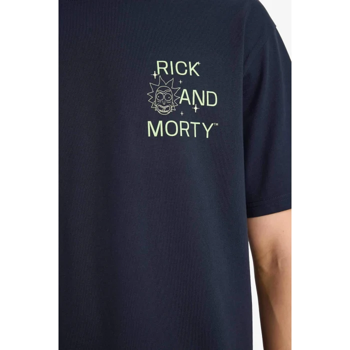 Defacto F8185AXNV82 Lacivert %100 Pamuk Rıck and Morty Boxy Fıt Bisiklet Yaka Baskılı Kısa Kollu Tişört