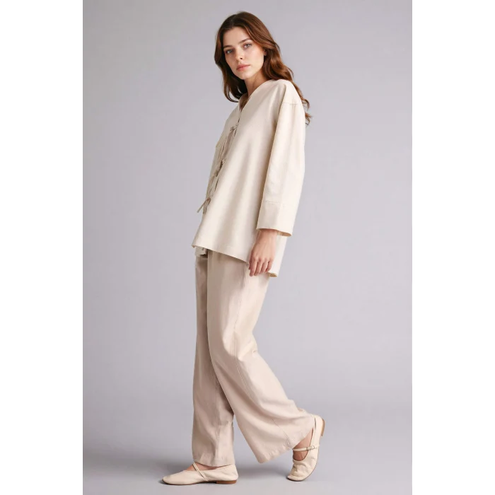 Defacto F7960AXBG186 Bej Wıde Leg Keten Karışımlı Pantolon