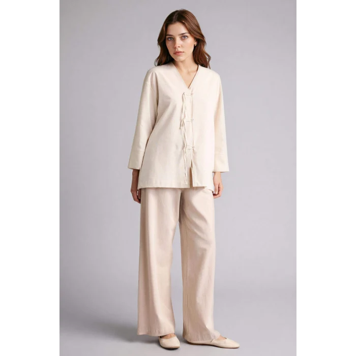 Defacto F7960AXBG186 Bej Wıde Leg Keten Karışımlı Pantolon