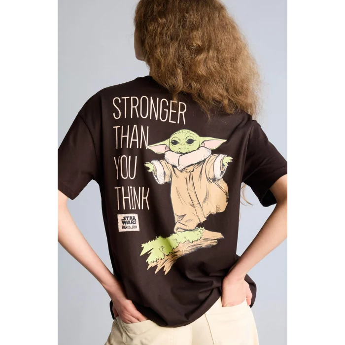 Defacto H1073AXBN207 Kahve Star Wars-Mandalorıan Oversıze Bisiklet Yaka Baskılı Kısa Kollu Tişört