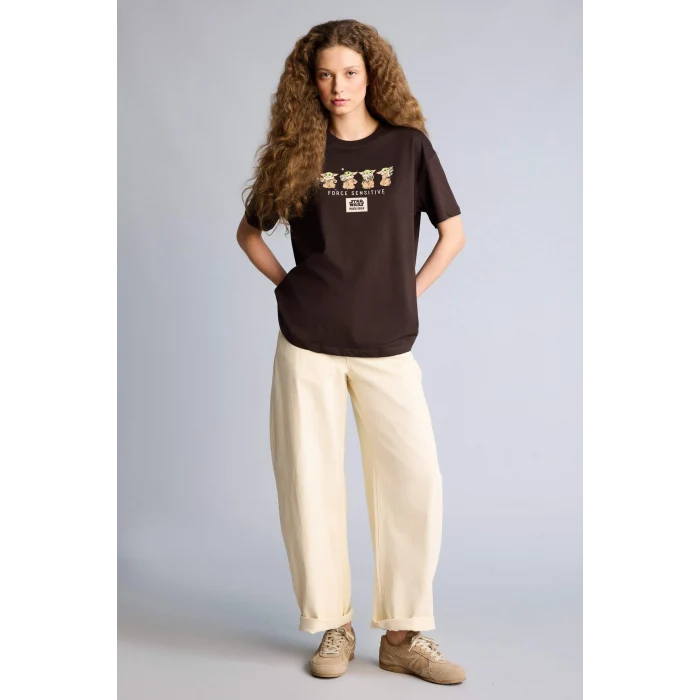 Defacto H1073AXBN207 Kahve Star Wars-Mandalorıan Oversıze Bisiklet Yaka Baskılı Kısa Kollu Tişört